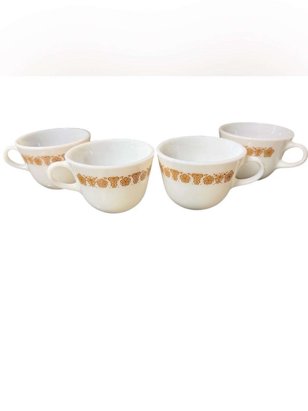Vintage Pyrex Butterfly Gold Tea Cups Set of 4 Milk Glass Corning Corelle 1970s